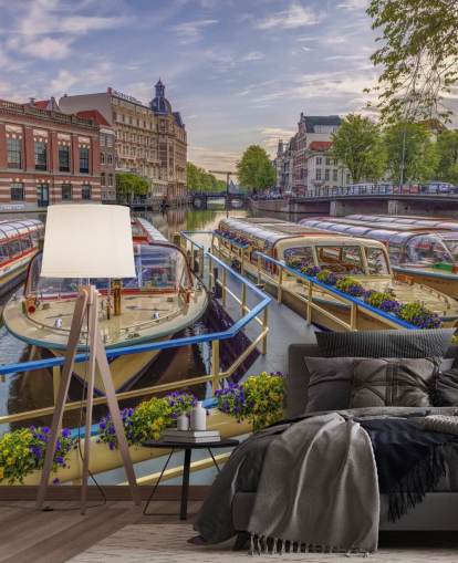 mural fotográfico personalizado de Ámsterdam llamado Canal Boats in Amsterdam de Assaf Frank