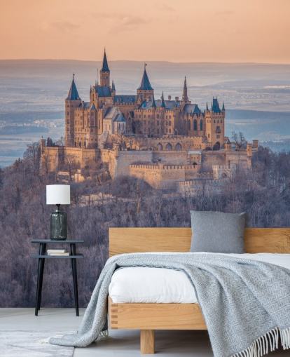 oranje en paarse muurschildering van het kasteellandschap genaamd Hohenzollern Castle, Duitsland door Assaf Frank