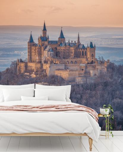 murale arancione e viola con paesaggio del castello chiamato Castello di Hohenzollern, Germania di Assaf Frank