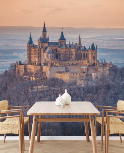 peinture murale de paysage de château orange et violet appelé château de Hohenzollern, Allemagne par Assaf Frank