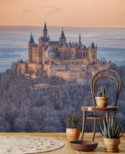 orange and purple castle landscape mural called Hohenzollern Castle, Germany by Assaf Frank
