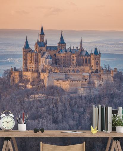 orange and purple castle landscape mural called Hohenzollern Castle, Germany by Assaf Frank