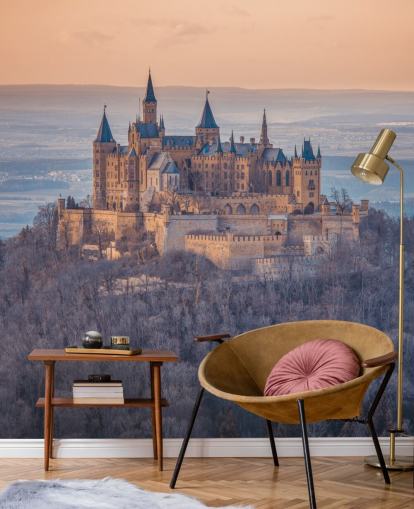 mural de paisaje de castillo naranja y morado llamado Castillo de Hohenzollern, Alemania por Assaf Frank