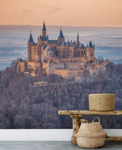 orange och lila slottslandskapsmålning kallad Hohenzollern Castle, Tyskland av Assaf Frank
