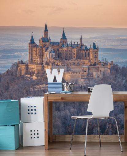 mural de paisaje de castillo naranja y morado llamado Castillo de Hohenzollern, Alemania por Assaf Frank mural de paisaje de castillo naranja y morado llamado Castillo de Hohenzollern, Alemania por Assaf Frank