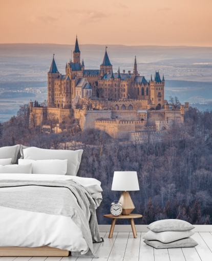 orange and purple castle landscape mural called Hohenzollern Castle, Germany by Assaf Frank