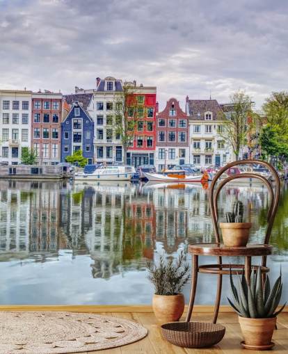 blue and white canal mural called Amsterdam Townhouses by Assaf Frank blue and white canal mural called Amsterdam Townhouses by Assaf Frank