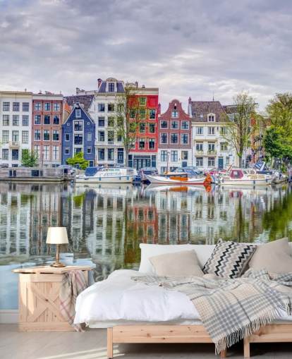 blue and white canal mural called Amsterdam Townhouses by Assaf Frank