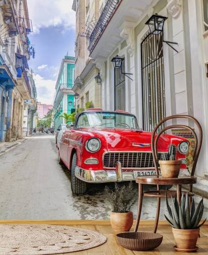 mural de parede com fotos de Cuba em vermelho, branco e azul chamado Classic Car in Havana, Cuba, de Assaf Frank