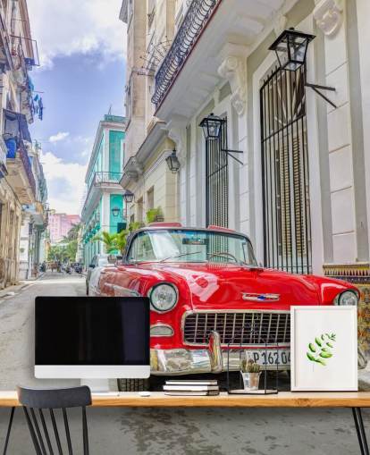 mural de parede com fotos de Cuba em vermelho, branco e azul chamado Classic Car in Havana, Cuba, de Assaf Frank