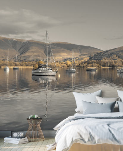 murale marrone e grigio del distretto lacustre chiamato Sailing Boats at Derwentwater di Assaf Frank