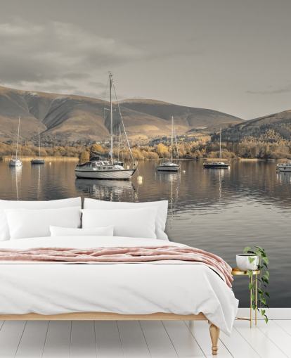 brown and grey lake district mural called Sailing Boats at Derwentwater by Assaf Frank
