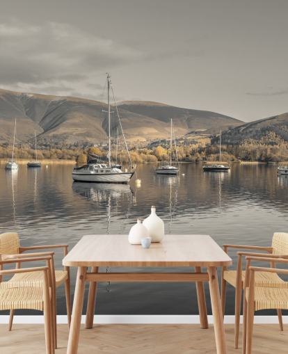 brown and grey lake district mural called Sailing Boats at Derwentwater by Assaf Frank