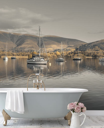 mural marrón y gris del distrito de los lagos llamado Sailing Boats at Derwentwater de Assaf Frank