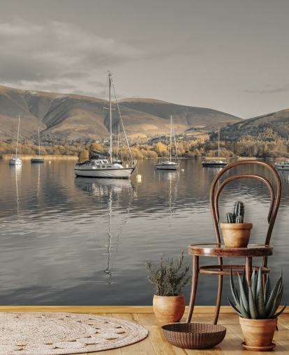 brown and grey lake district mural called Sailing Boats at Derwentwater by Assaf Frank