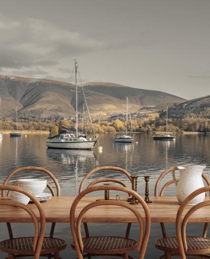 brown and grey lake district mural called Sailing Boats at Derwentwater by Assaf Frank brown and grey lake district mural called Sailing Boats at Derwentwater by Assaf Frank