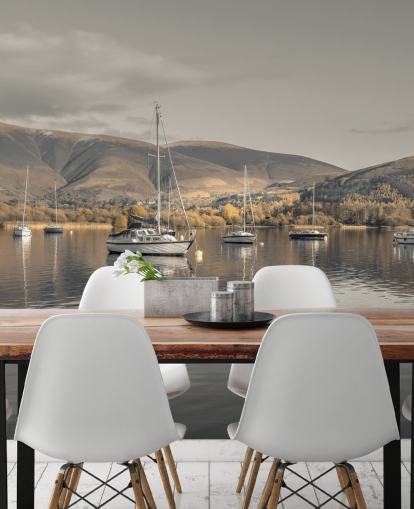 brown and grey lake district mural called Sailing Boats at Derwentwater by Assaf Frank