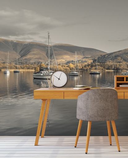 brown and grey lake district mural called Sailing Boats at Derwentwater by Assaf Frank