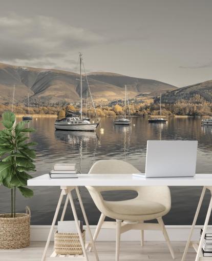 brown and grey lake district mural called Sailing Boats at Derwentwater by Assaf Frank