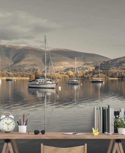 mural marrón y gris del distrito de los lagos llamado Sailing Boats at Derwentwater de Assaf Frank