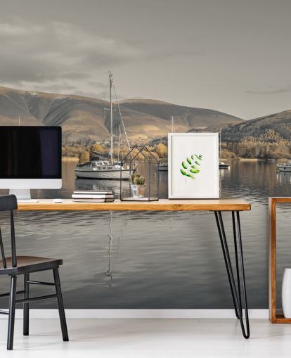 brown and grey lake district mural called Sailing Boats at Derwentwater by Assaf Frank brown and grey lake district mural called Sailing Boats at Derwentwater by Assaf Frank