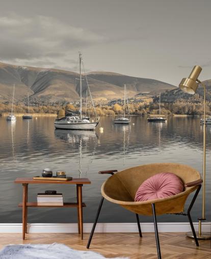 bruine en grijze muurschildering van het merengebied genaamd Sailing Boats at Derwentwater door Assaf Frank bruine en grijze muurschildering van het merengebied genaamd Sailing Boats at Derwentwater door Assaf Frank