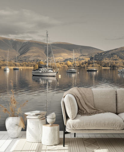 brown and grey lake district mural called Sailing Boats at Derwentwater by Assaf Frank
