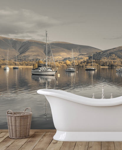 murale marrone e grigio del distretto lacustre chiamato Sailing Boats at Derwentwater di Assaf Frank