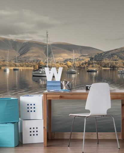 mural marrom e cinza do distrito de lagos chamado Sailing Boats at Derwentwater por Assaf Frank mural marrom e cinza do distrito de lagos chamado Sailing Boats at Derwentwater por Assaf Frank