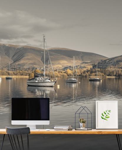 bruine en grijze muurschildering van het merengebied genaamd Sailing Boats at Derwentwater door Assaf Frank