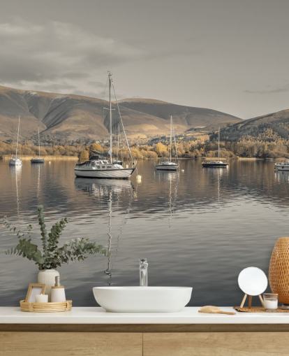 mural marrón y gris del distrito de los lagos llamado Sailing Boats at Derwentwater de Assaf Frank