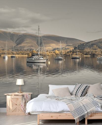 brunt og grått veggmaleri i innsjødistriktet kalt Sailing Boats at Derwentwater av Assaf Frank