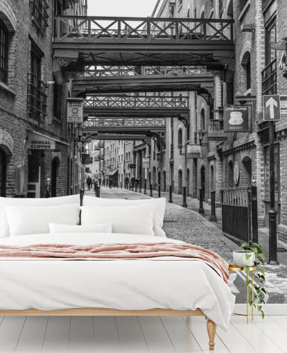 customisable black and white UK wallpaper called Cobbled Street in London by Assaf Frank