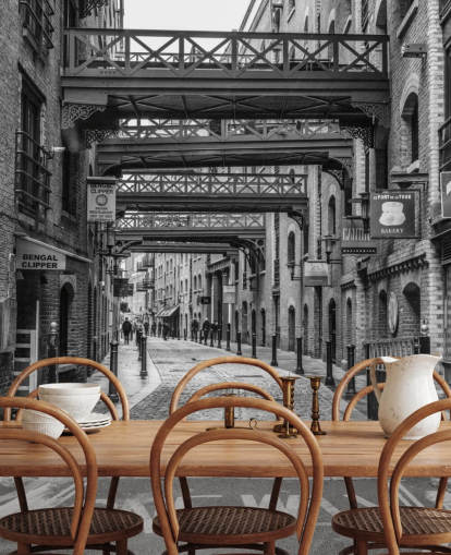 customizable black and white UK wallpaper called Cobbled Street in London by Assaf Frank