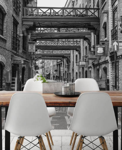 customizable black and white UK wallpaper called Cobbled Street in London by Assaf Frank