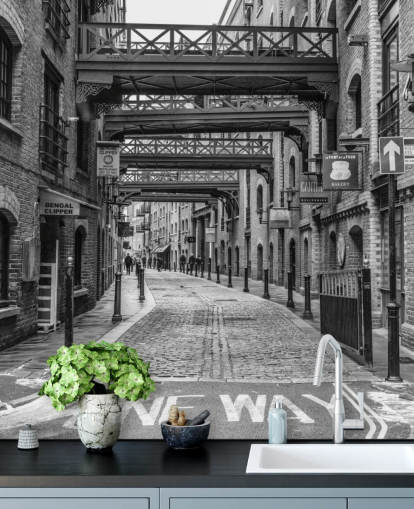 customizable black and white UK wallpaper called Cobbled Street in London by Assaf Frank