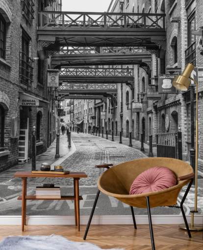 customisable black and white UK wallpaper called Cobbled Street in London by Assaf Frank