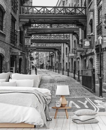 customisable black and white UK wallpaper called Cobbled Street in London by Assaf Frank