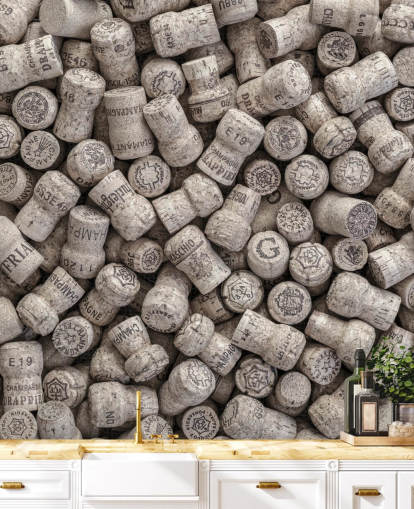 neutral bar mural called Champagne Corks for kitchens, dining rooms and bar settings
