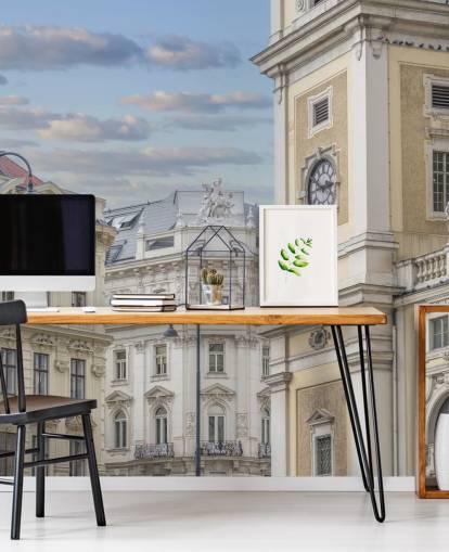 neutrale muurschildering van de gevel van een gebouw genaamd Buildings in Vienna, Oostenrijk door Assaf Frank