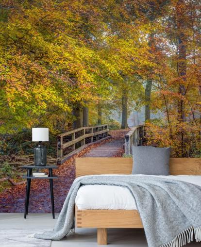 mural de bosque naranja, verde y marrón llamado Bridge in Autumn Forest de Assaf Frank