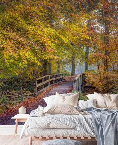 mural de bosque naranja, verde y marrón llamado Bridge in Autumn Forest de Assaf Frank