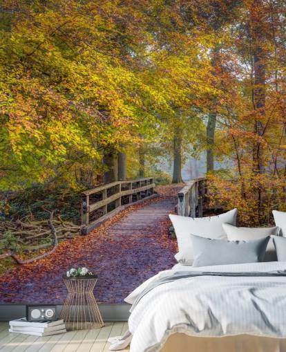 mural de bosque naranja, verde y marrón llamado Bridge in Autumn Forest de Assaf Frank