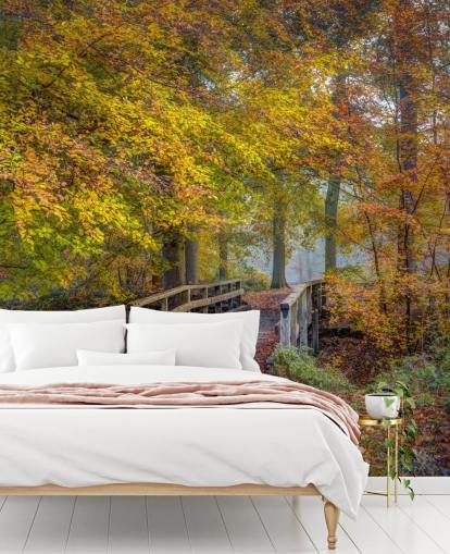 orange, green and brown forest mural called Bridge in Autumn Forest by Assaf Frank