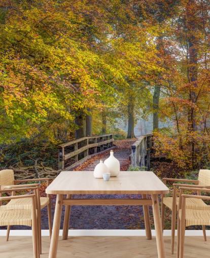 orange, grønt og brunt skovmaleri kaldet Bridge in Autumn Forest af Assaf Frank