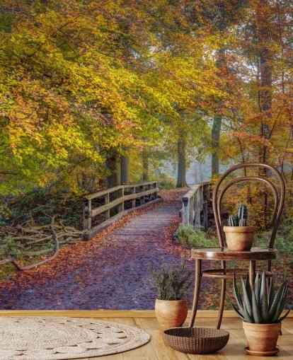 orange, grön och brun skogsväggmålning kallad Bridge in Autumn Forest av Assaf Frank