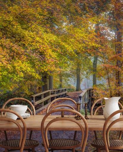 peinture murale orange, verte et brune intitulée Bridge in Autumn Forest par Assaf Frank peinture murale orange, verte et brune intitulée Bridge in Autumn Forest par Assaf Frank