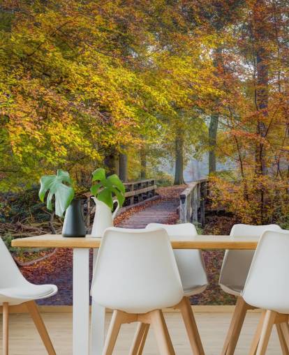 murale della foresta arancione, verde e marrone chiamato Bridge in Autumn Forest di Assaf Frank