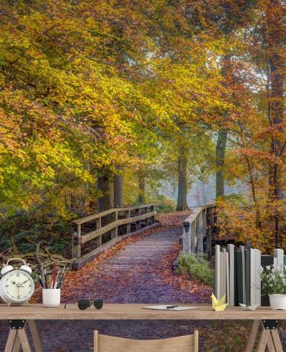 mural de bosque naranja, verde y marrón llamado Bridge in Autumn Forest de Assaf Frank