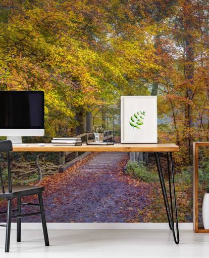 mural de floresta laranja, verde e marrom chamado Bridge in Autumn Forest, de Assaf Frank